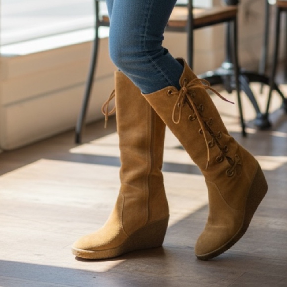 Michael Kors Tan Suede Lace Up Wedge Mid Calf Boots  Brown Womens‎ Size 8M